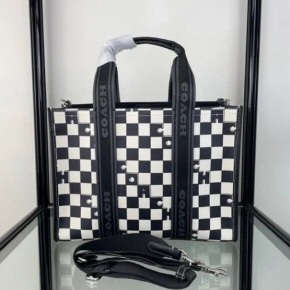 New Coach Silver/Black/Chalk Smith Tote With Checkerboard Print #CR101 - Picture 1 of 3